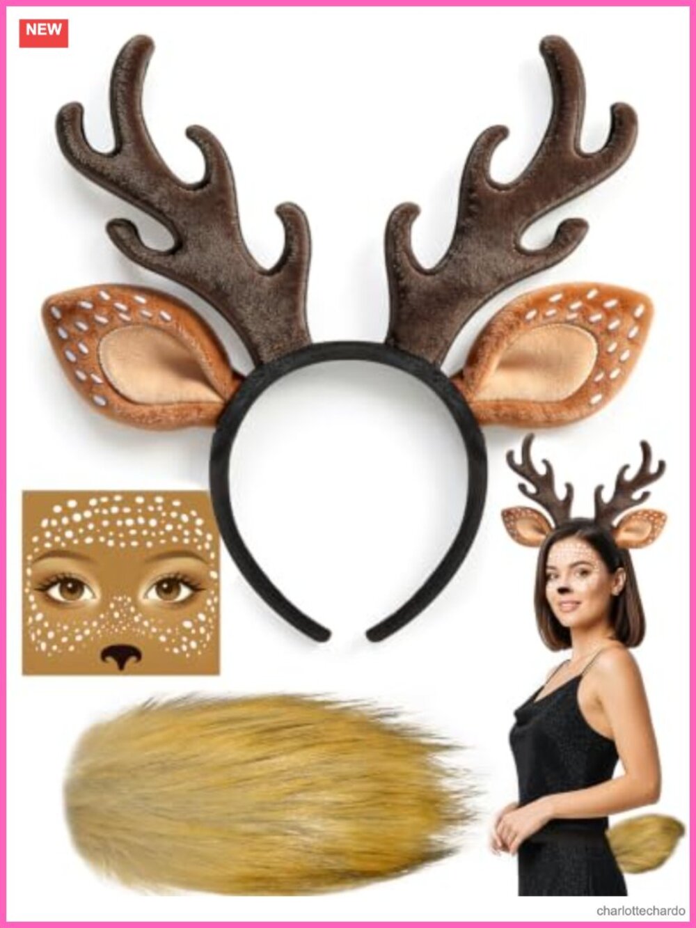 Deer Antlers Headband Tail Face Sticker Costume Set Halloween Accessories